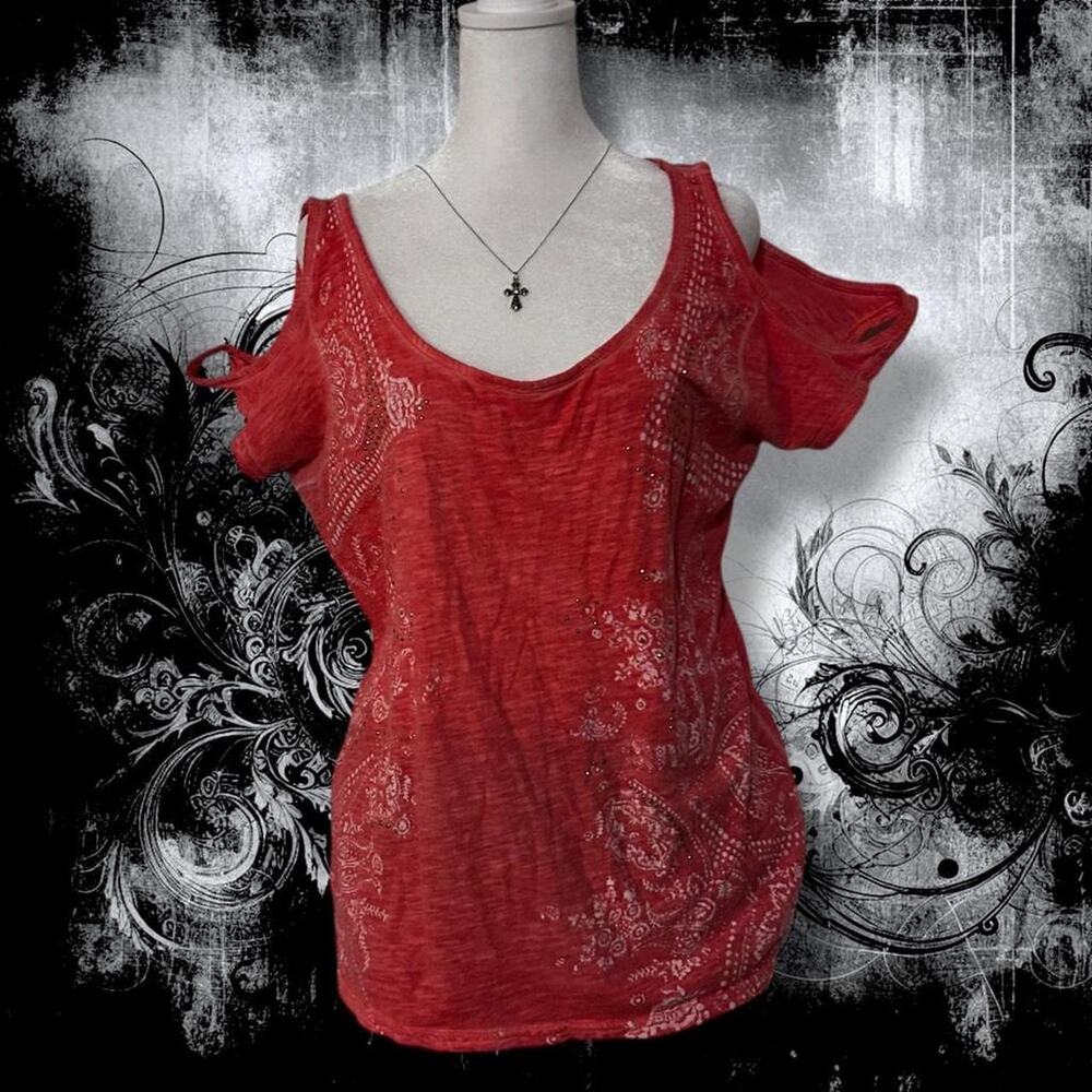 boho fairy whimsi bandana paisley bedazzled coral-pink top